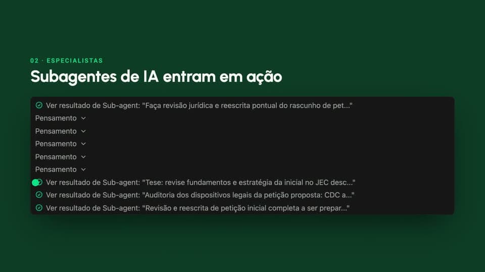 A nova IA do ChatADV trabalhando num caso: especialistas de IA, jurisprudência, cálculo e a peça pronta no editor